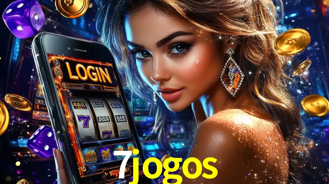Mulher glamorosa segurando um smartphone com a tela de login para os jogos de caça-níqueis do cassino online 7jogos, com moedas de ouro e dados ao redor.
